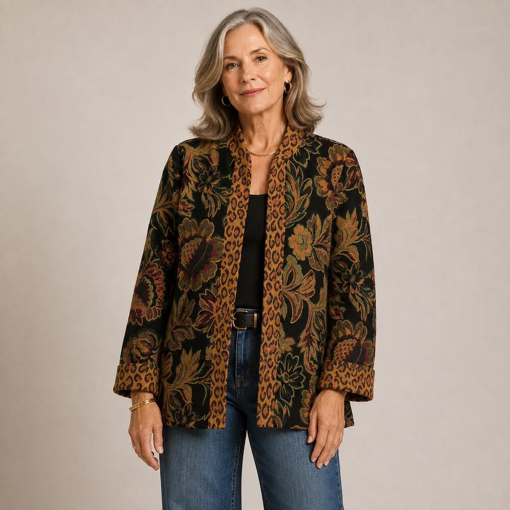 Vintage 90s Dressbarn Womens M Tapestry Jacket Dark Floral Leopard Boho Grandma